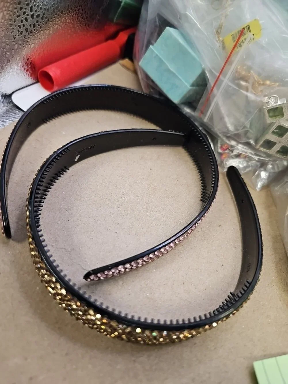 headbands lot of 2 Black Plastic  With Yellow & Peach Rhinestones